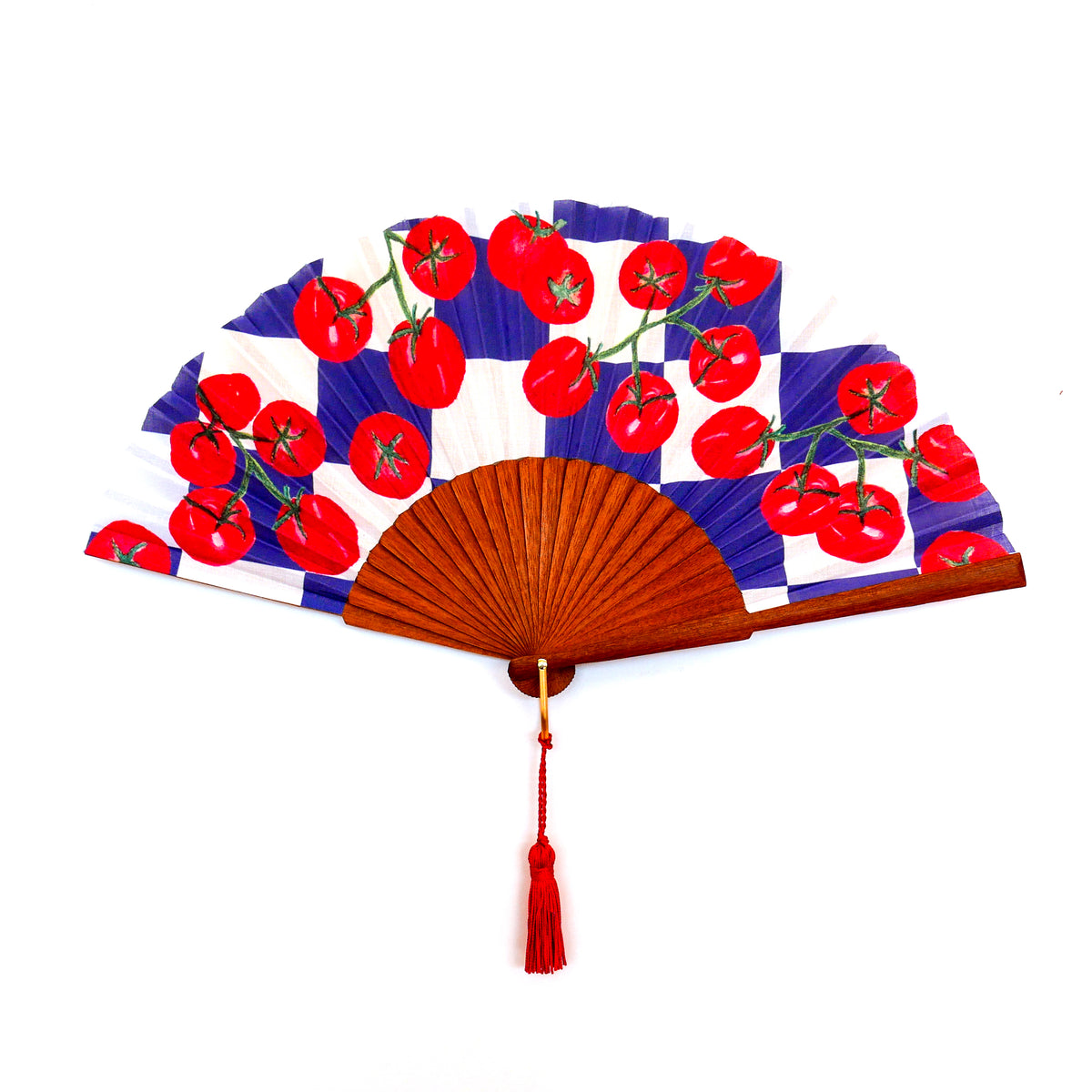 Handheld fan with cherry tomato design on a white background